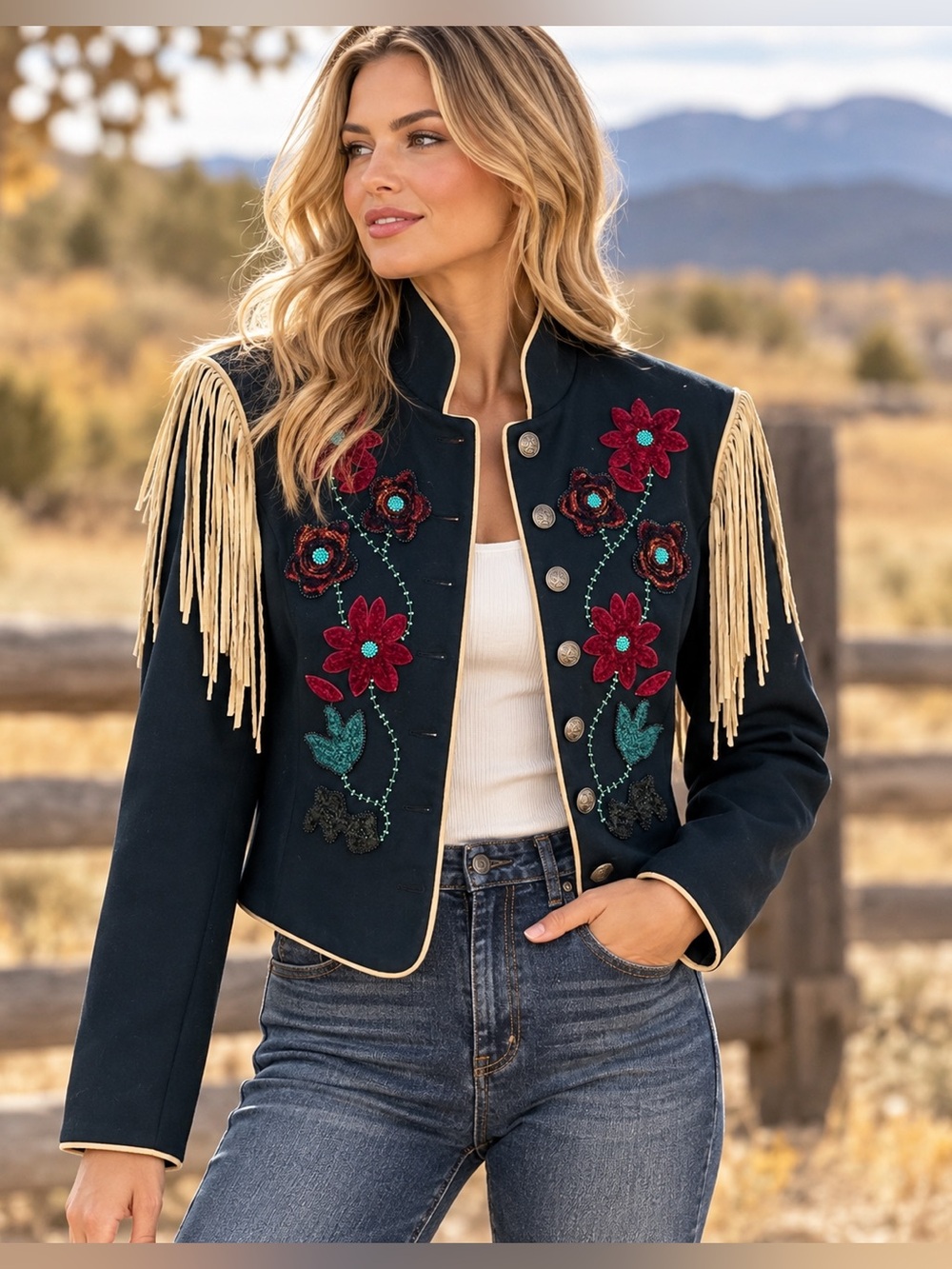 Vintage Double D Ranchwear Wool Floral Fringe Western Jacket L Cowgirl Rodeo